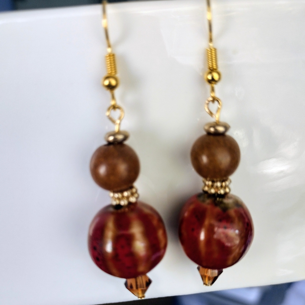 Elegant Burgundy, Gold, and Brown Beaded Dangle Earrings